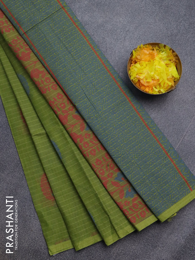 Nithyam cotton saree green with thread woven buttas and simple border