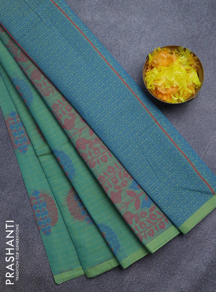 Nithyam cotton saree dual shade of greenish blue with thread woven buttas and simple border