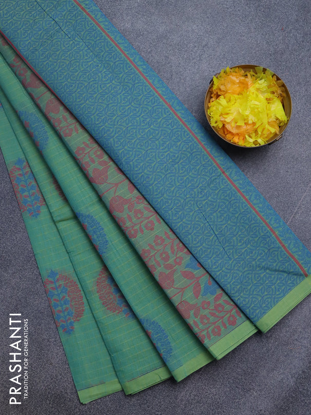 Nithyam cotton saree dual shade of greenish blue with thread woven buttas and simple border