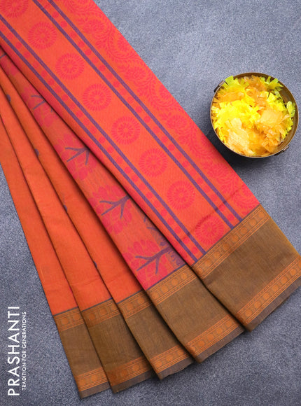 Nithyam cotton saree orange and dark mustard with thread woven buttas and rettapet thread woven border