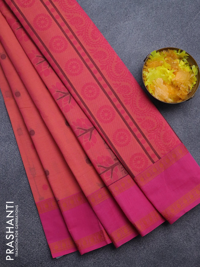 Nithyam cotton saree dual shade of orange and pink with thread woven buttas and rettapet thread woven border