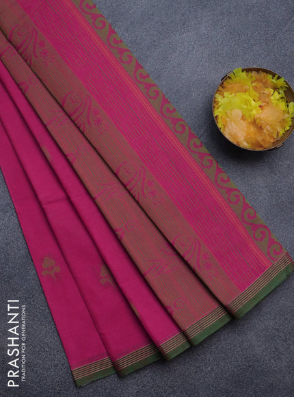 Nithyam cotton saree pink and green with thread woven buttas and simple border