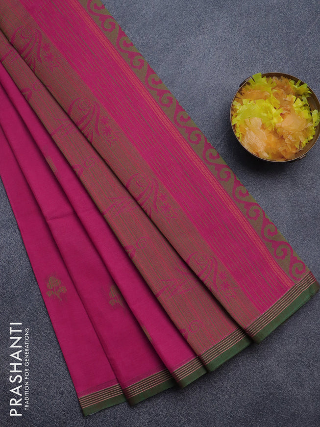 Nithyam cotton saree pink and green with thread woven buttas and simple border