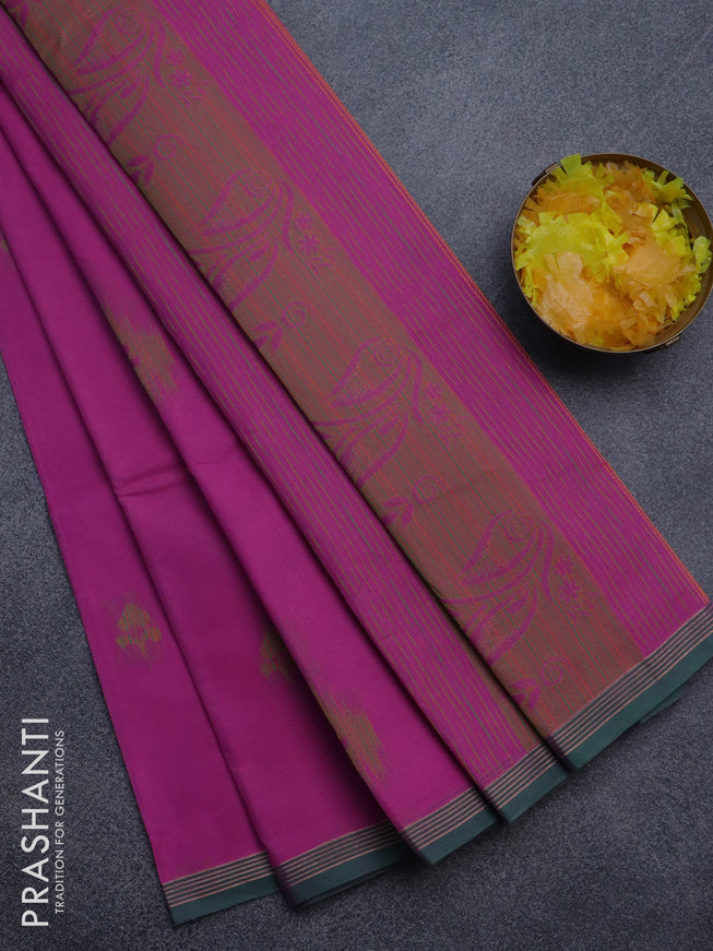 Nithyam cotton saree magenta pink and green with thread woven buttas and simple border