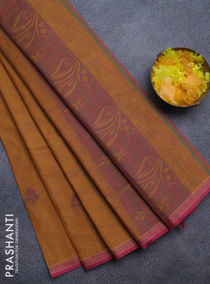 Nithyam cotton saree mustard yellow and pink with thread woven buttas and simple border