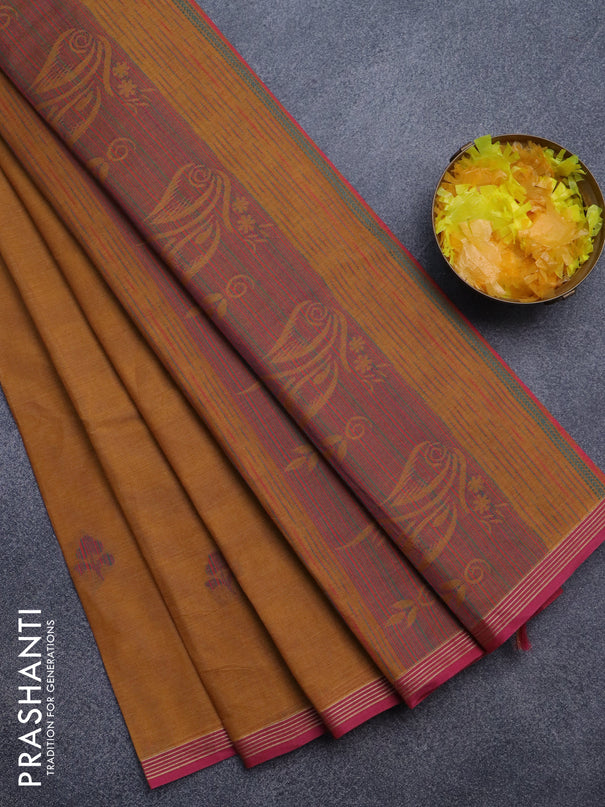 Nithyam cotton saree mustard yellow and pink with thread woven buttas and simple border