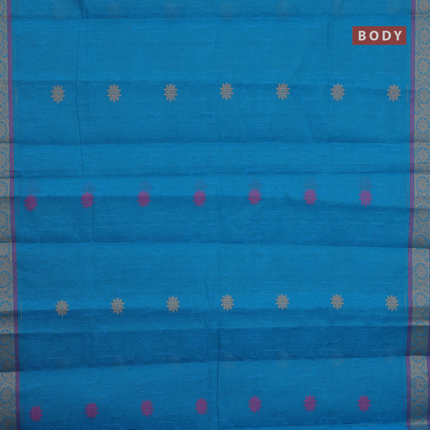 Nithyam cotton saree cs blue with allover self emboss & thread buttas and thread woven border