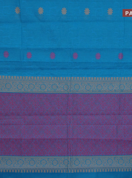 Nithyam cotton saree cs blue with allover self emboss & thread buttas and thread woven border