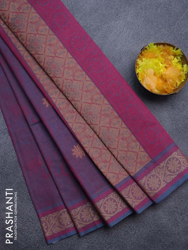 Nithyam cotton saree dual shade of pink and dual shade of blue with allover self emboss & thread buttas and thread woven border