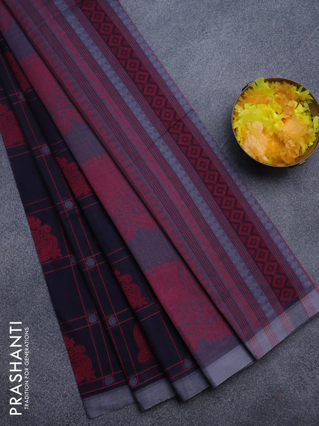 Nithyam cotton saree dark navy blue and grey with allover checked pattern & thread buttas and simple border