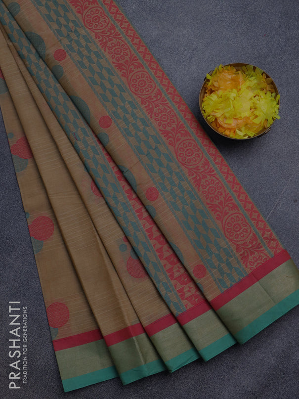 Nithyam cotton saree sandal and teal green with thread woven buttas and zari woven border