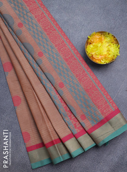 Nithyam cotton saree brown shade and teal green with thread woven buttas and zari woven border