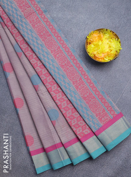 Nithyam cotton saree mild purple shade and teal blue with thread woven buttas and zari woven border