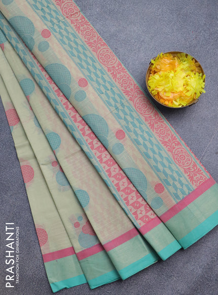 Nithyam cotton saree pista green and teal green with thread woven buttas and zari woven border