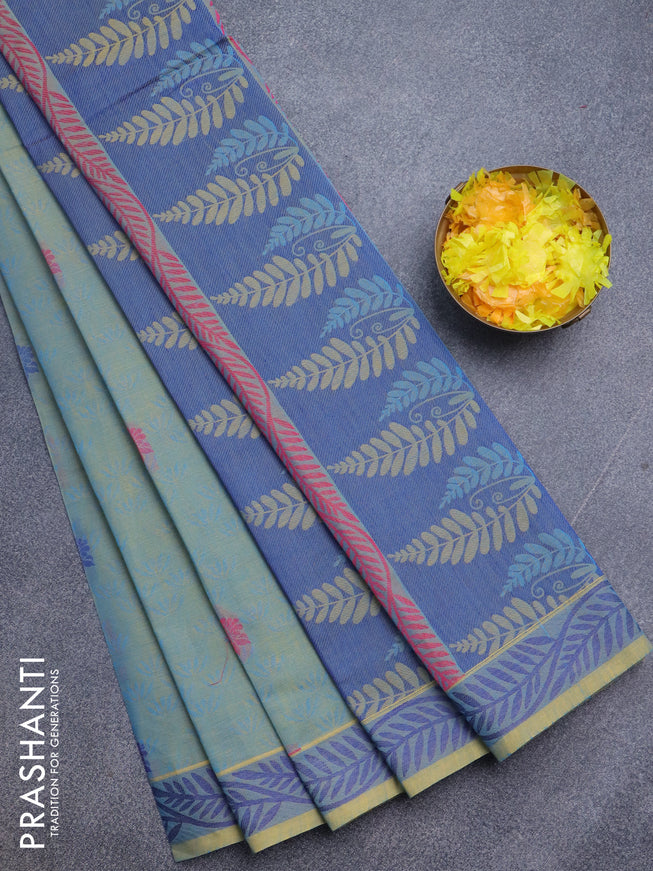 Nithyam cotton saree dual shade of bluish yellow with allover self emboss & thread buttas and thread woven border