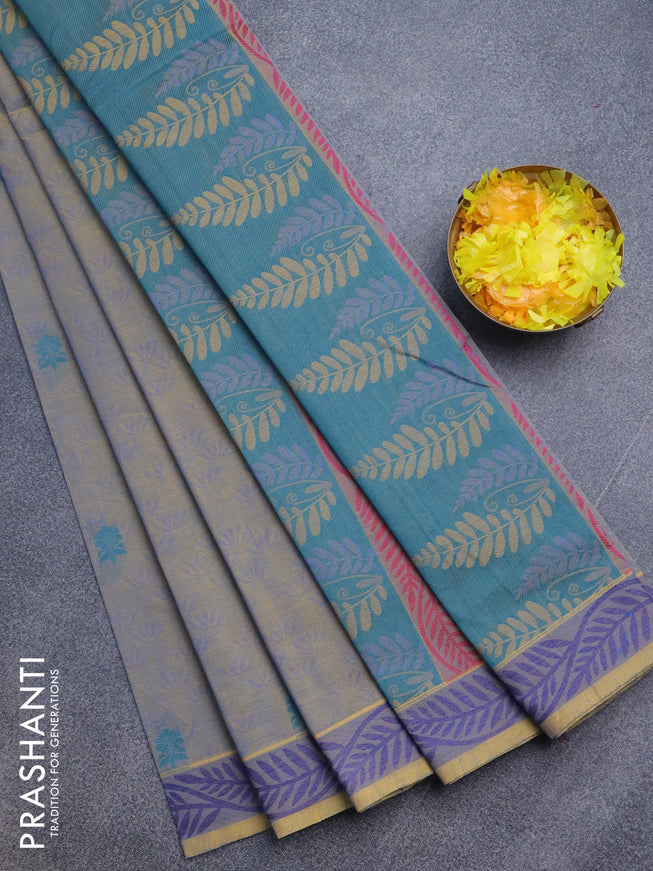 Nithyam cotton saree dual shade of yellowish blue with allover self emboss & thread buttas and thread woven border