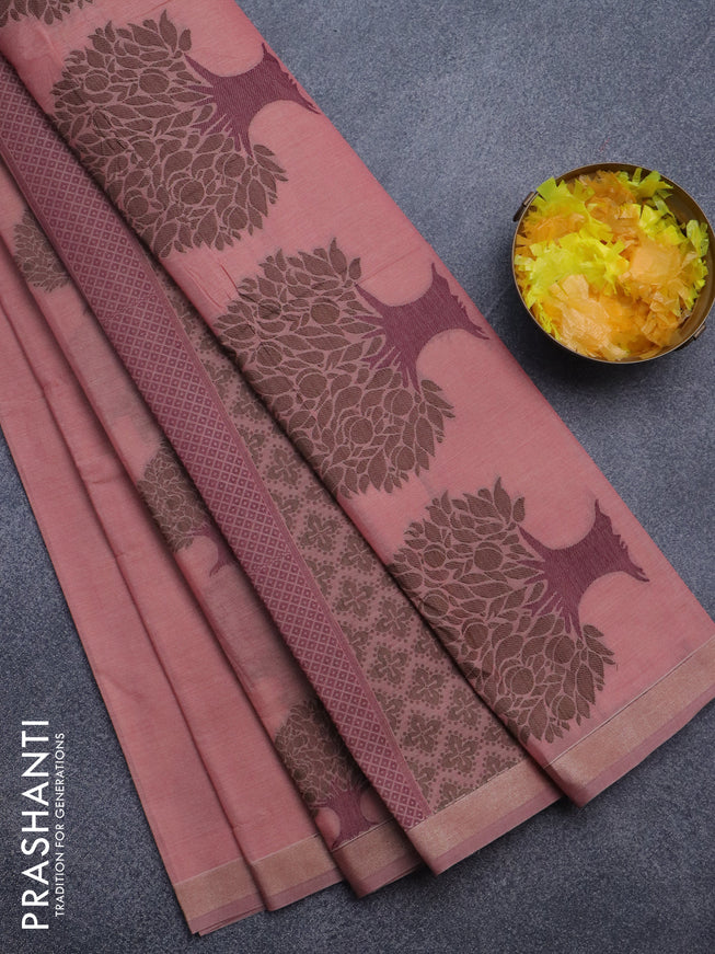 Nithyam cotton saree peach pink shade with thread woven buttas and zari woven border