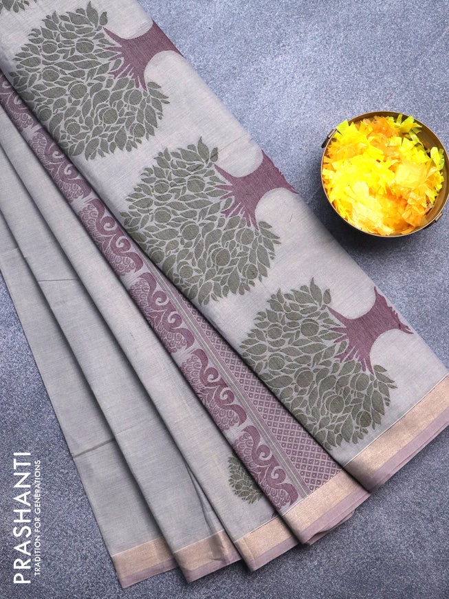 Nithyam cotton saree grey with thread woven buttas and zari woven border