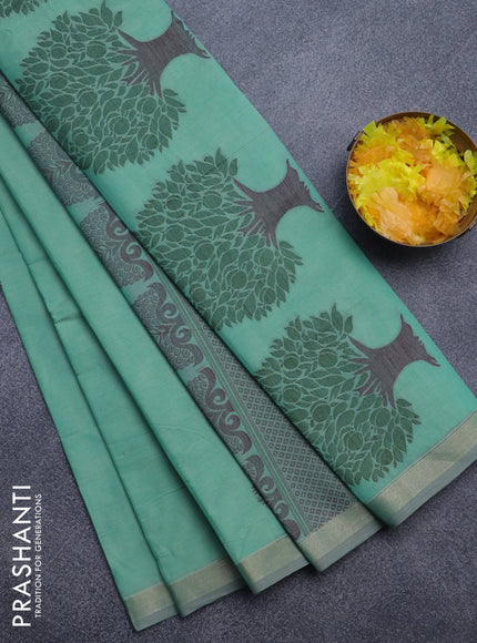 Nithyam cotton saree teal green shade with thread woven buttas and zari woven border