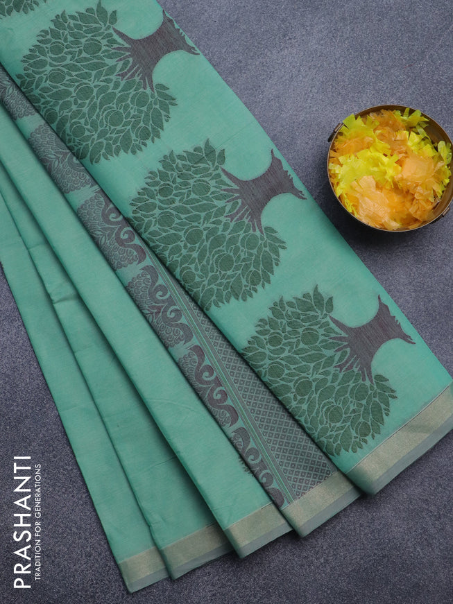 Nithyam cotton saree teal green shade with thread woven buttas and zari woven border