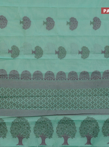 Nithyam cotton saree teal green shade with thread woven buttas and zari woven border