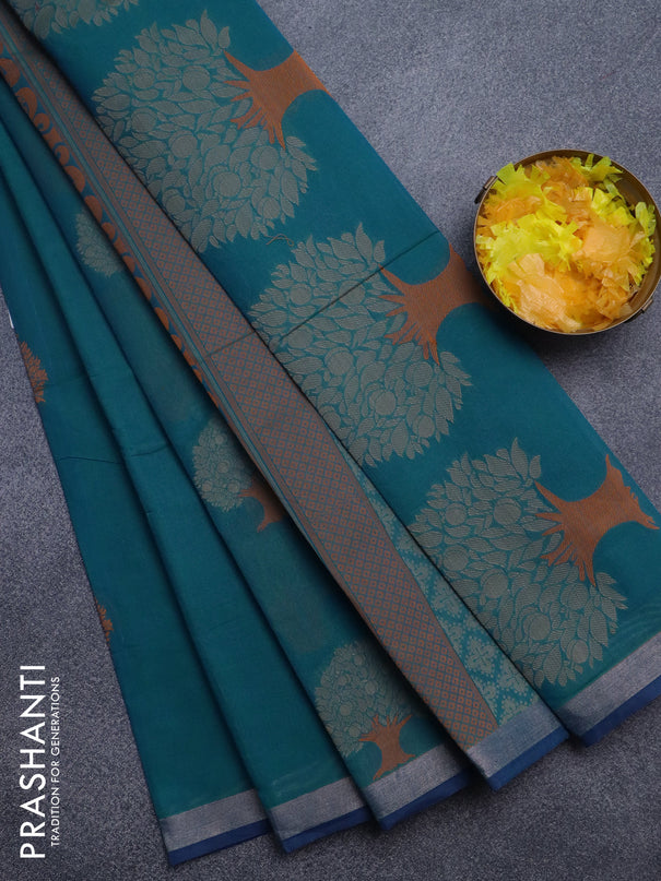 Nithyam cotton saree cs blue with thread woven buttas and zari woven border