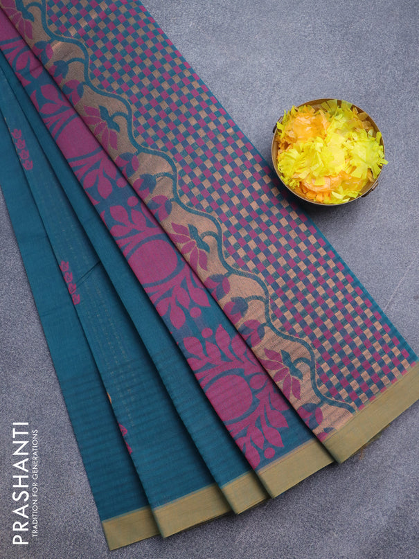 Nithyam cotton saree peacock green and mustard shade with thread & zari woven buttas and simple border