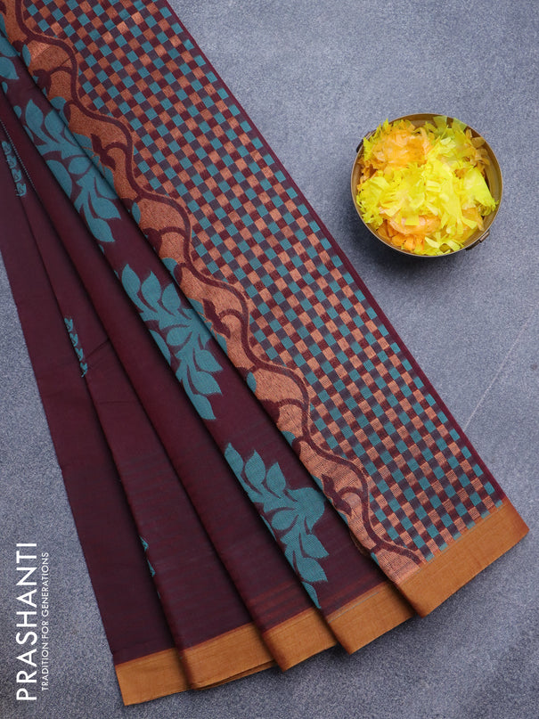 Nithyam cotton saree deep maroon and mustard shade with thread & zari woven buttas and simple border