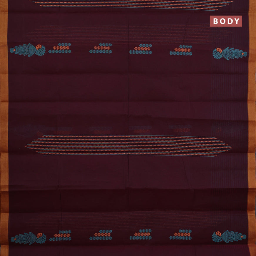 Nithyam cotton saree deep maroon and mustard shade with thread & zari woven buttas and simple border