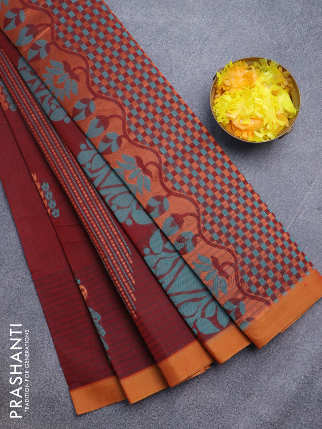 Nithyam cotton saree maroon and mustard shade with thread & zari woven buttas and simple border