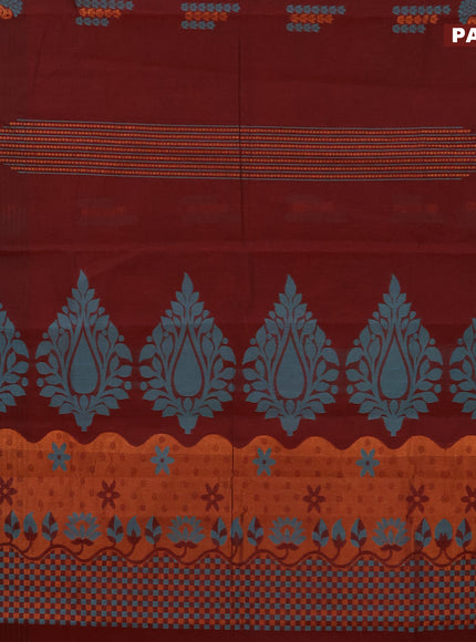 Nithyam cotton saree maroon and mustard shade with thread & zari woven buttas and simple border