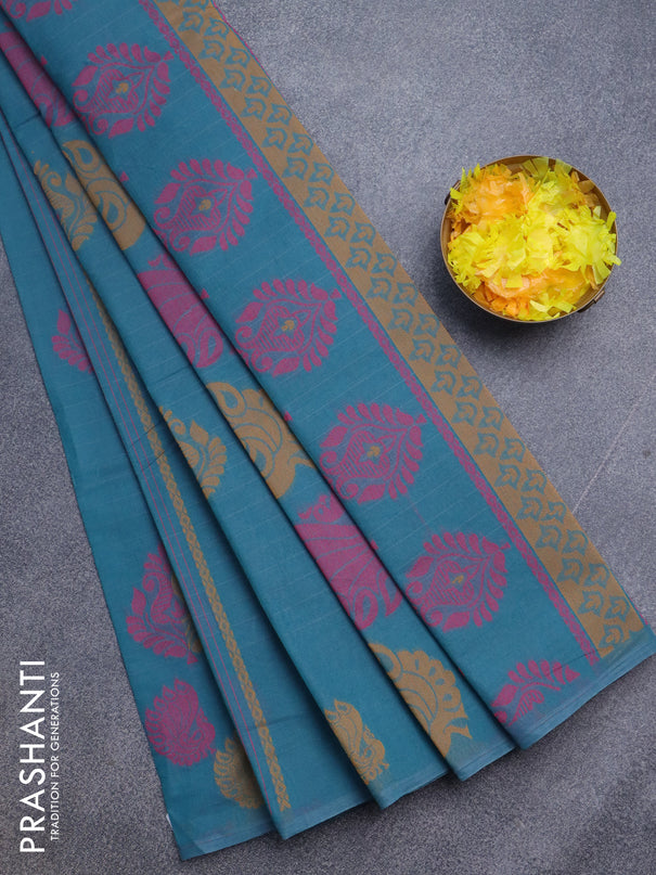 Nithyam cotton saree teal blue with thread woven buttas in borderless style