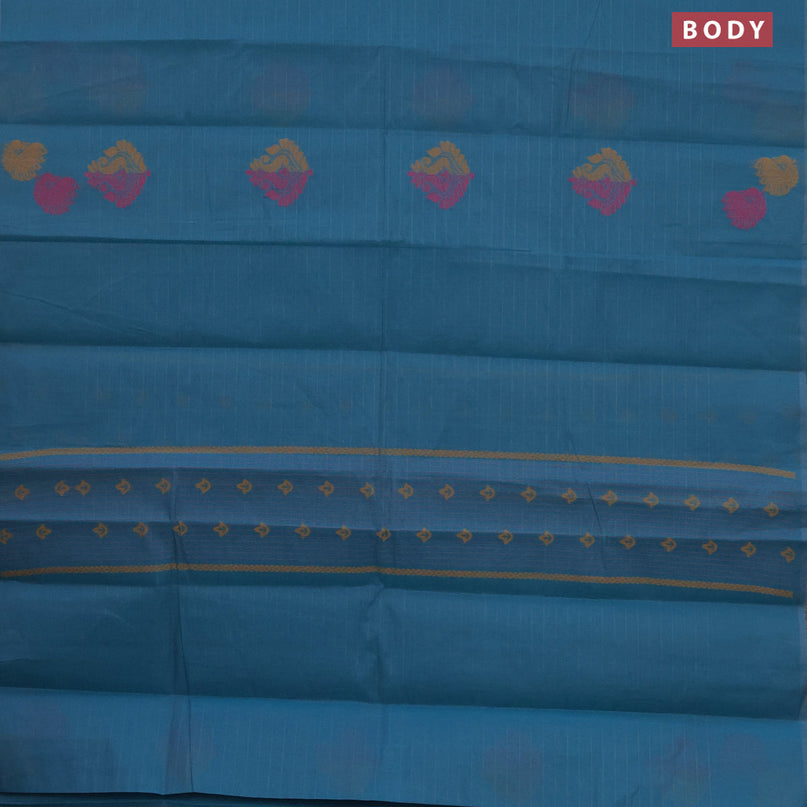 Nithyam cotton saree teal blue with thread woven buttas in borderless style