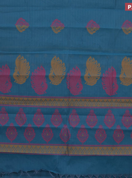 Nithyam cotton saree teal blue with thread woven buttas in borderless style