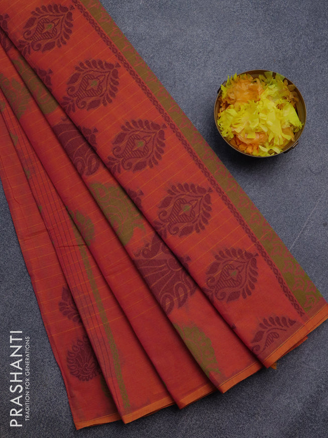 Nithyam cotton saree dual shade of pinkish orange with thread woven buttas in borderless style