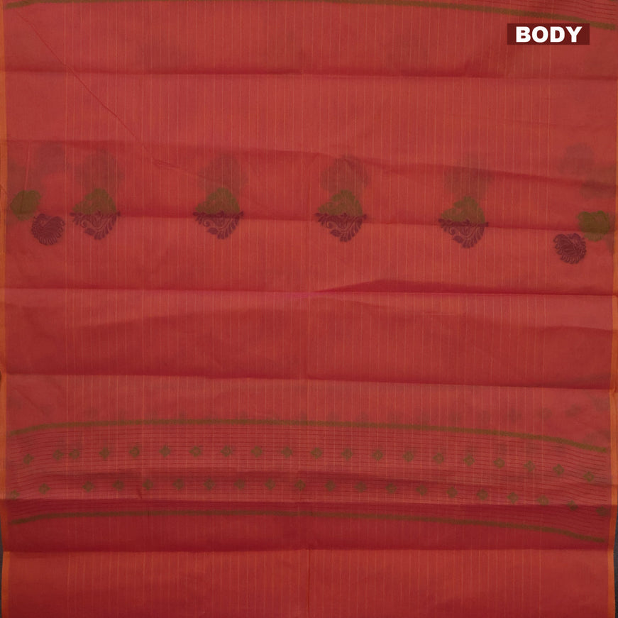 Nithyam cotton saree dual shade of pinkish orange with thread woven buttas in borderless style