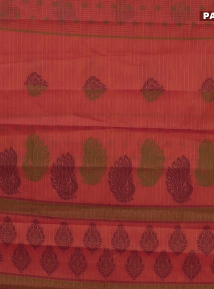 Nithyam cotton saree dual shade of pinkish orange with thread woven buttas in borderless style