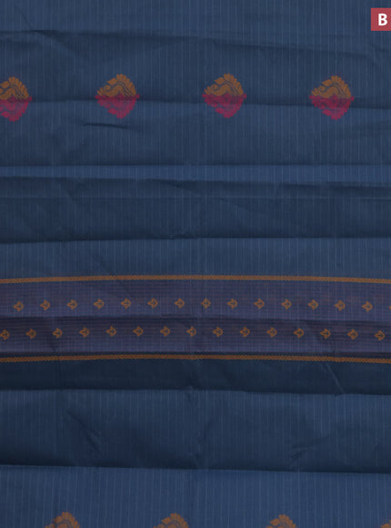 Nithyam cotton saree peacock blue shade with thread woven buttas in borderless style