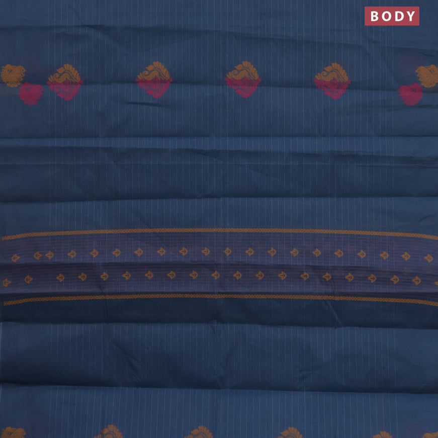 Nithyam cotton saree peacock blue shade with thread woven buttas in borderless style