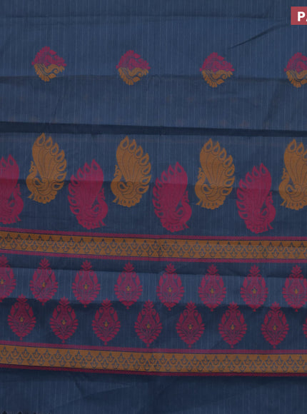 Nithyam cotton saree peacock blue shade with thread woven buttas in borderless style