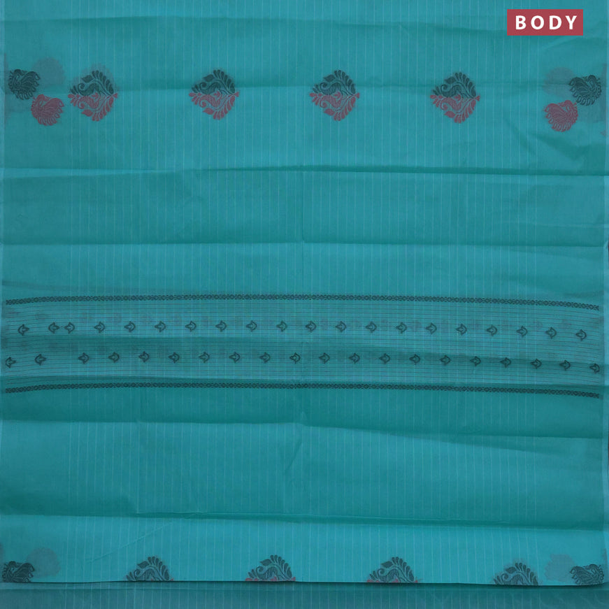 Nithyam cotton saree teal blue with thread woven buttas in borderless style