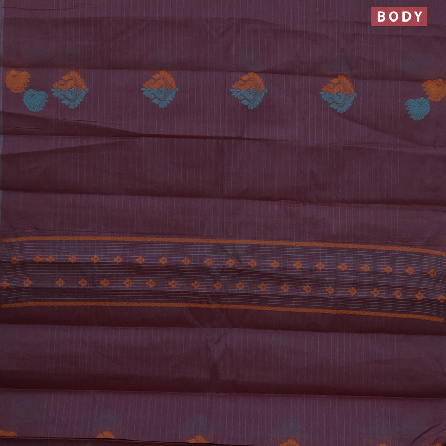 Nithyam cotton saree dual shade of maroon with thread woven buttas in borderless style