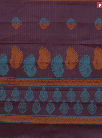 Nithyam cotton saree dual shade of maroon with thread woven buttas in borderless style