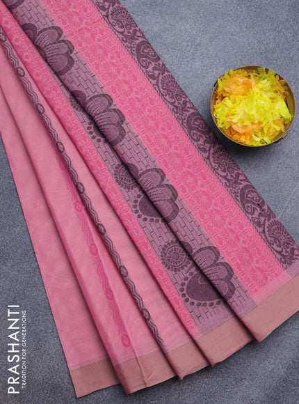 Nithyam cotton saree light pink and beige with allover thread weaves and simple border