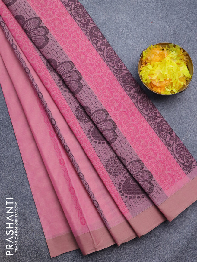 Nithyam cotton saree light pink and beige with allover thread weaves and simple border