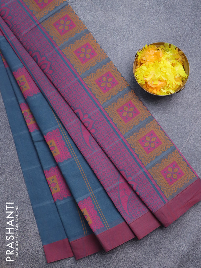 Nithyam cotton saree peacock blue shade and maroon with thread woven buttas and simple border