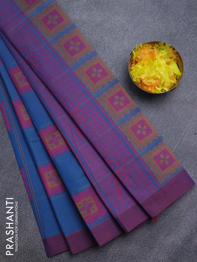 Nithyam cotton saree cs blue and maroon shade with thread woven buttas and simple border