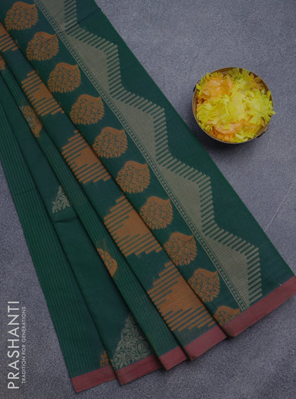 Nithyam cotton saree green and maroon with thread woven buttas and simple border