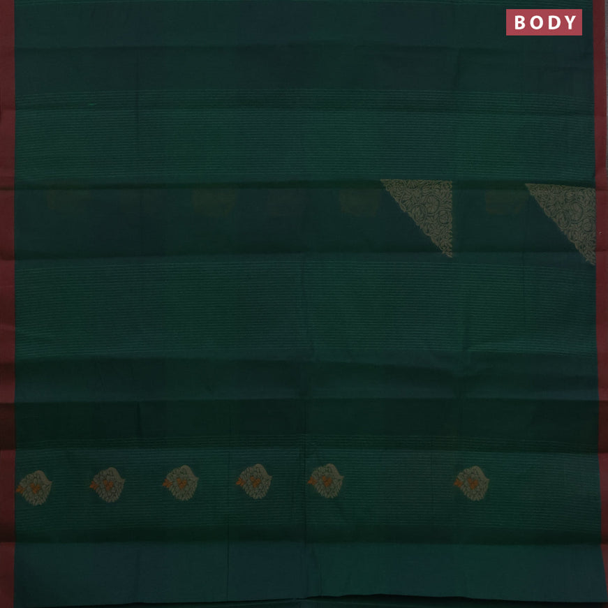 Nithyam cotton saree green and maroon with thread woven buttas and simple border