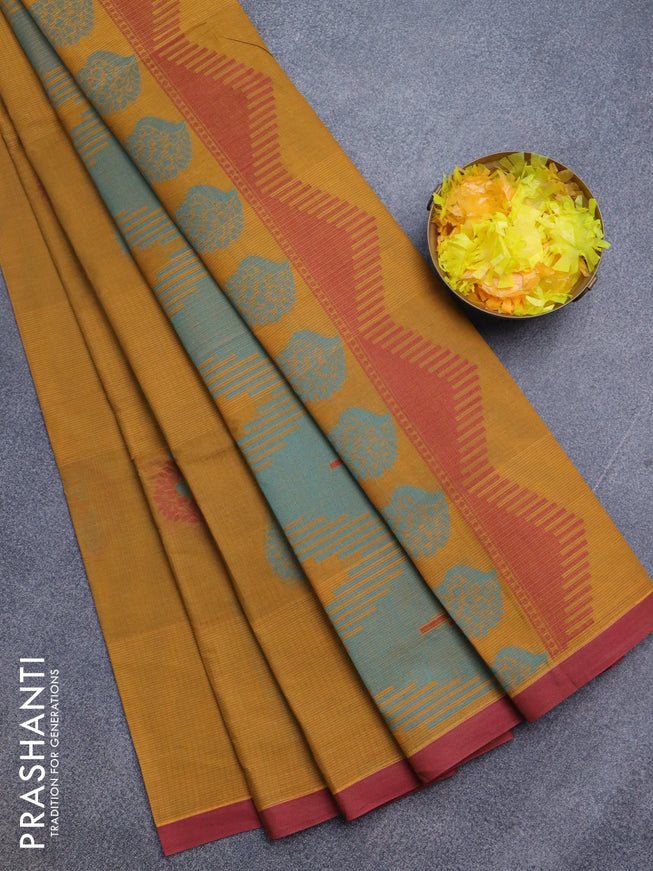 Nithyam cotton saree mustard shade and maroon with thread woven buttas and simple border